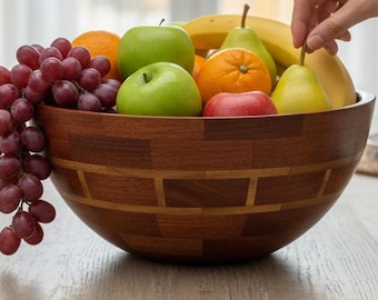 Segmented Sapele and Canarywood Hand Turned Wood Bowl - Handmade Solid Hardwood, Classic Brick Pattern