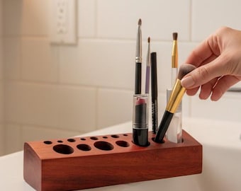 African Padauk Wooden Makeup Organizer & Cosmetic Brush Storage Holder