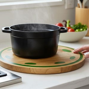 May include: A black cast iron pot with steam rising from it sits on a wooden trivet with green accents. The trivet is on a white countertop next to a gas stove. A bowl of vegetables is in the background.
