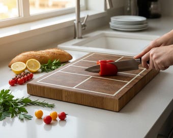 Handmade White Oak End Grain Cutting Board – Pickleball Court Resin Inlay Butcher Block