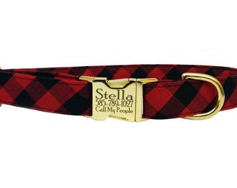 Personalized Laser Engraved Gold Metal Buckle Buffalo Plaid Check Dog Collar- All Sizes - 2-3 Week Ship Time