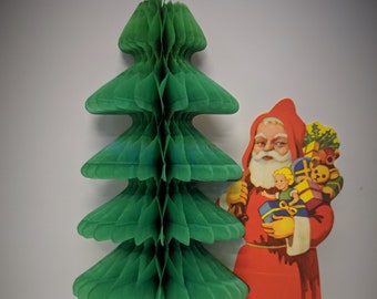 Vintage 1940's CHRISTMAS Old Fashioned Diecut Santa Claus Honeycomb Fold-out Tissue Tree Wall Decoration Merry Kitschmas