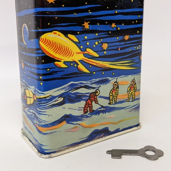 RARE Space Bank Vintage 1948-50 US Zone Germany Outer Space Robot Astronaut Spaceship Theme Tin Toy Bank with Key