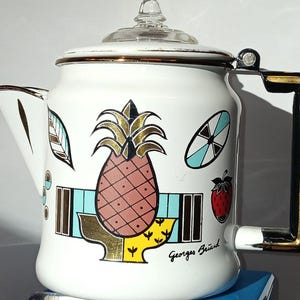 Mid century design mcm georges briard enamel/enamelware metal coffee pot, kitchen dining, vintage retro metal percolator. pineapple design
