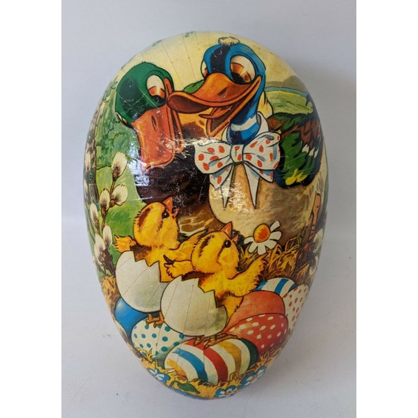 vintage Allemagne Lg. 9 « Paper Mache Easter Egg Candy Container w / Canards & Poussins