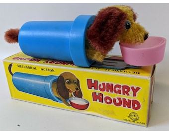 Vintage 1960's (United, Japan) Wind-up Mohair HUNGRY HOUND Dog Eating Toy in Box