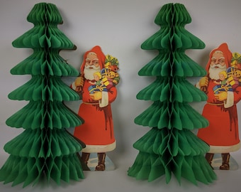 Pair of Vintage 1940's CHRISTMAS Old Fashioned Diecut Santa Claus Honeycomb Fold-out Tissue Tree Wall Decorations Merry Kitschmas