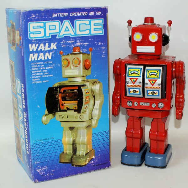 Vintage 1990's Tin Lithographed Battery Operated Red SPACE 'Walk Man' ROBOT in Box