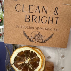 Può includere: Un sacchetto di carta marrone con la scritta "Clean & Bright Potpourri Simmering Kit" stampata su di esso. Il sacchetto contiene fette di limone essiccate, rametti di rosmarino e un piccolo blocco di legno.