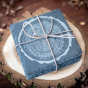 May include: Set of four slate coasters with a tree ring design, tied together with twine. The coasters are on a wooden base.