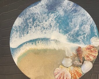 Tropical Ocean with Sea Shells Charcuterie Board/Serving Plater, Cutting Board, Beach Cheese Board, Beach Wall Hanging,Resin Wave Wall Art