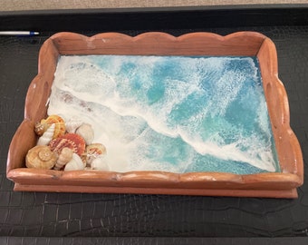 Beach Resin Serving Tray, Ocean Waves Tray, Sea Shell Charcuterie Board, Serving Plater, Coastal Serving Tray, Wood Platter with handles