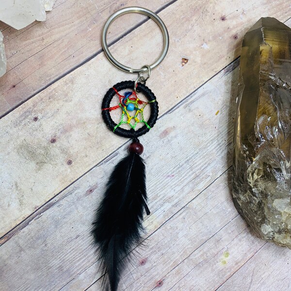 Black Dreamcatcher keychain, mini  Dream catcher, feather keyring, purse charm, Native American, Boho accessory, good luck, gift for her