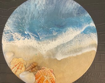 Tropical Ocean with Sea Shells Charcuterie Board/Serving Plater, Cutting Board, Beach Cheese Board, Beach Wall Hanging,Resin Wave Wall Art