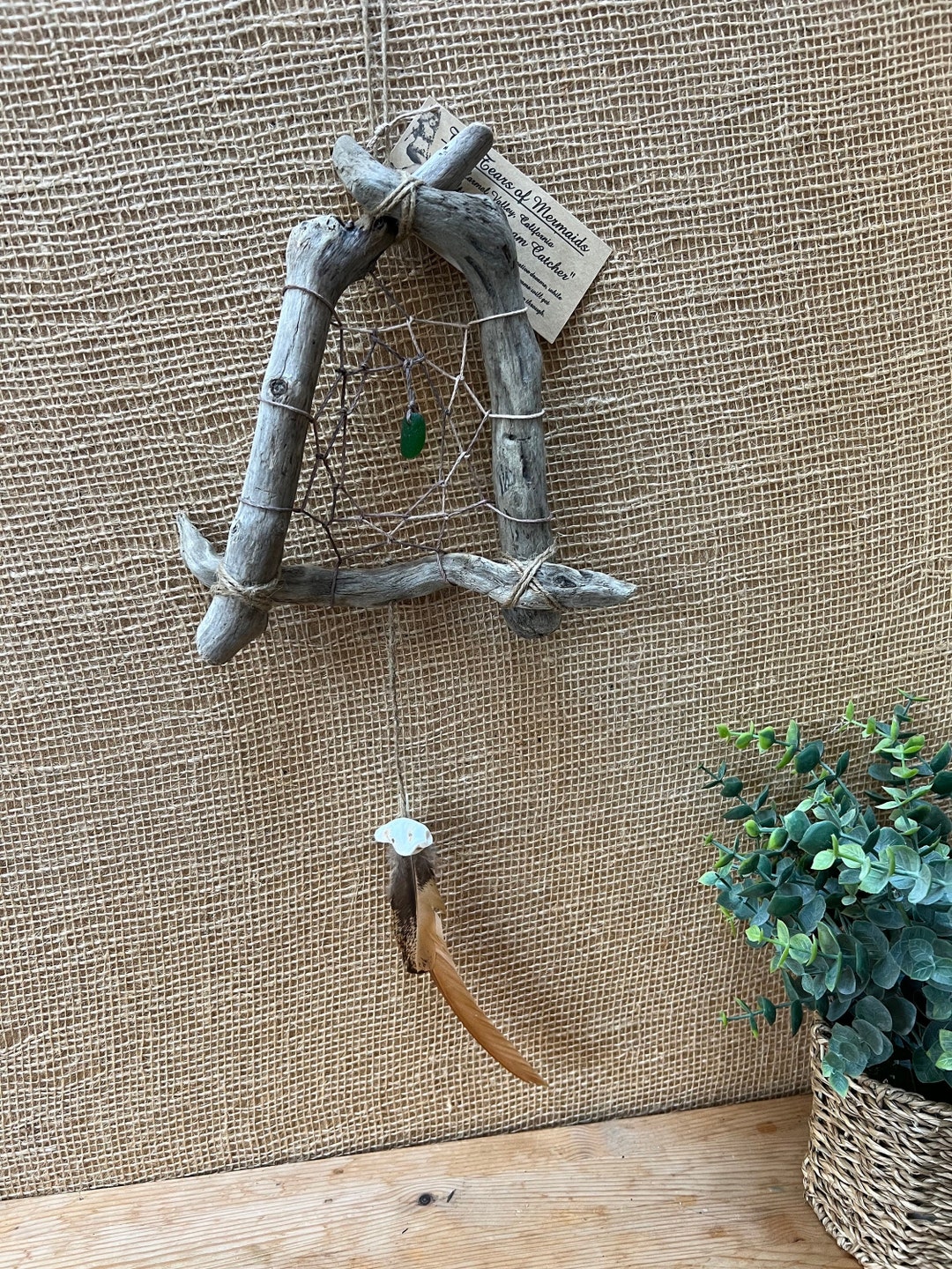 Driftwood Dream Catcher With Green Sea Glass and Chicken Feathers Wall ...