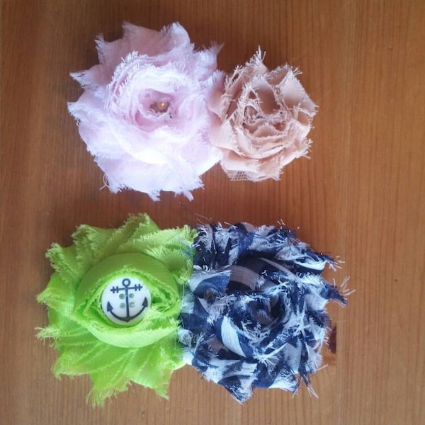 Ruffle Flower Hair Bow Clips - Pink, Tan and Gold - Blue Striped Bow with a Green Bow and Navy Medallion