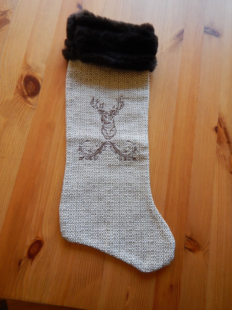 furry cuff and an embroidered buck deer Rustic Christmas Stocking with weaved fabric