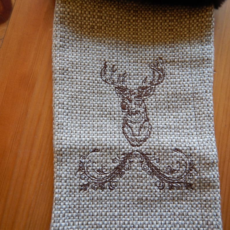 furry cuff and an embroidered buck deer Rustic Christmas Stocking with weaved fabric