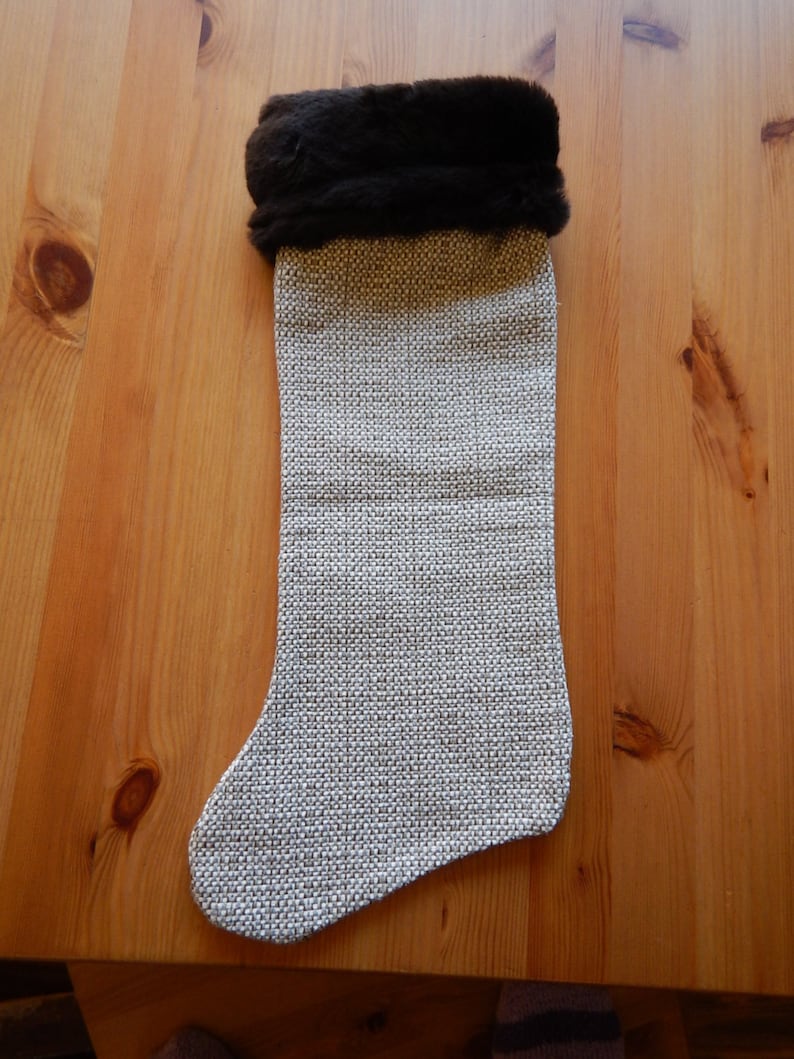 furry cuff and an embroidered buck deer Rustic Christmas Stocking with weaved fabric