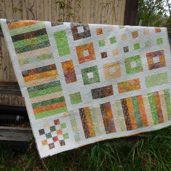 Peachy King Original Quilt - Wilmington Batiks - Throw Quilt - Greens, Orange, Browns, Yellow, Beige - 100% Cotton