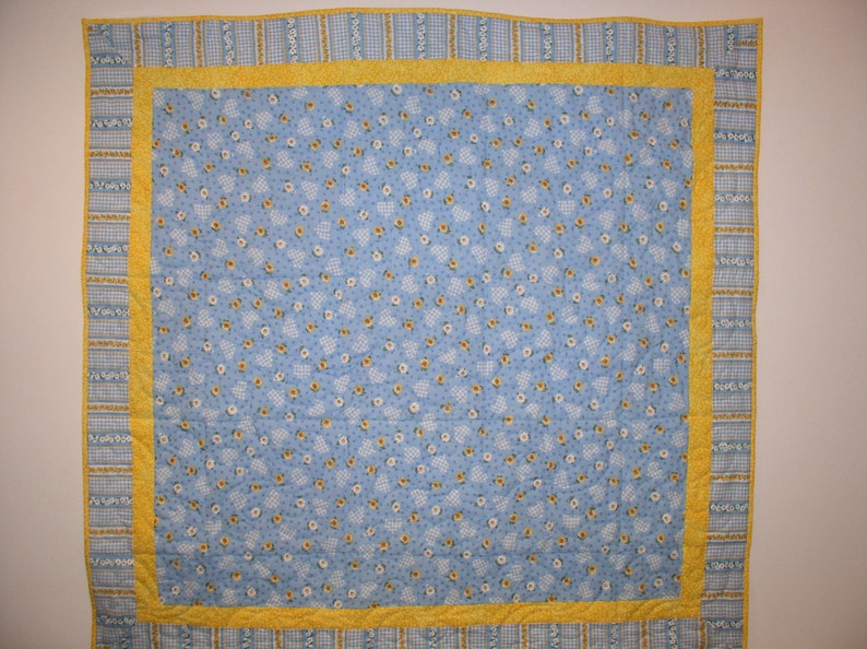Hand Quilted Reversable Blue Yellow Baby Crib Quilt