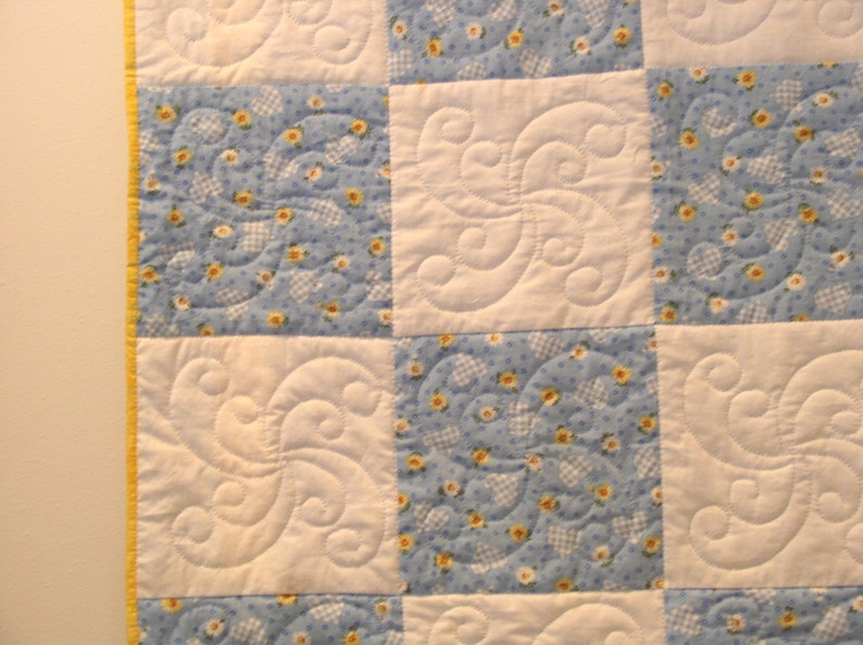 Hand Quilted Reversable Blue Yellow Baby Crib Quilt