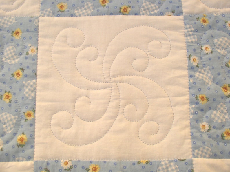 Hand Quilted Reversable Blue Yellow Baby Crib Quilt