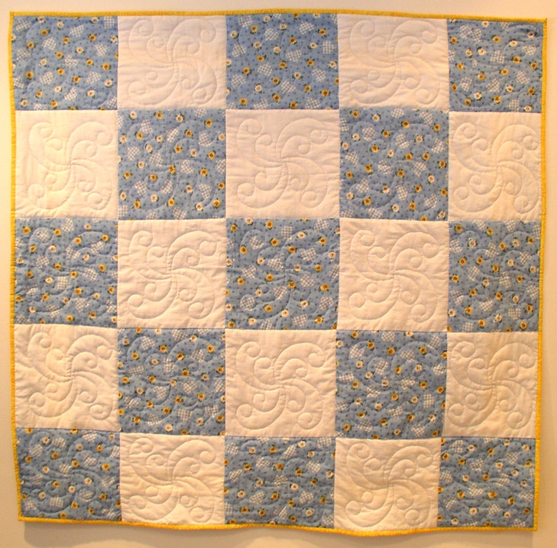 Hand Quilted Reversable Blue Yellow Baby Crib Quilt