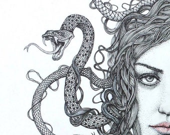 Giclée - signed print - medusa - high quality print - illustration - drawing - fantasy art - gothic art - intricate - snakes - steampunk
