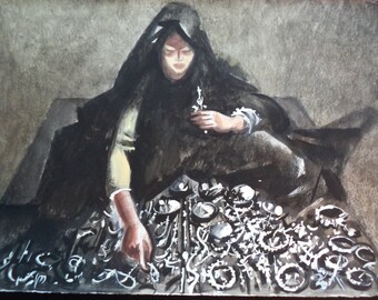 Andre Delfau Painting: Mid-Century Moroccan Lady Selling Jewelry, Gouache & Watercolor