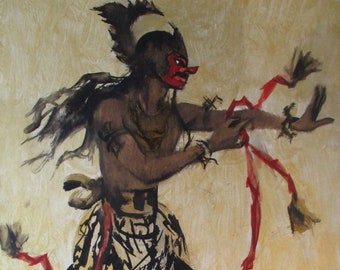 Andre Delfau Gouache Painting: Mid-Century Modern Asian Dancer Art