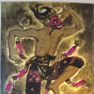 May include: A colorful painting of a dancer wearing a mask and a patterned costume. The dancer is in mid-air, with their arms outstretched and legs bent. The background is a dark brown color with hints of gold.