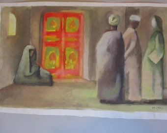Signed Andre Delfau Gouache Painting: Mid-Century Modern Moroccan Figures