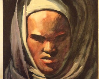 Andre Delfau Moroccan Male Portrait: Mid-Century Gouache Painting
