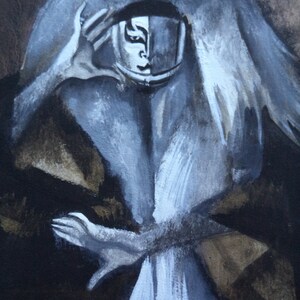 May include: A painting of a person with long white hair, wearing a white and brown coat. The person's face is partially obscured by their hand, and their eyes are closed.