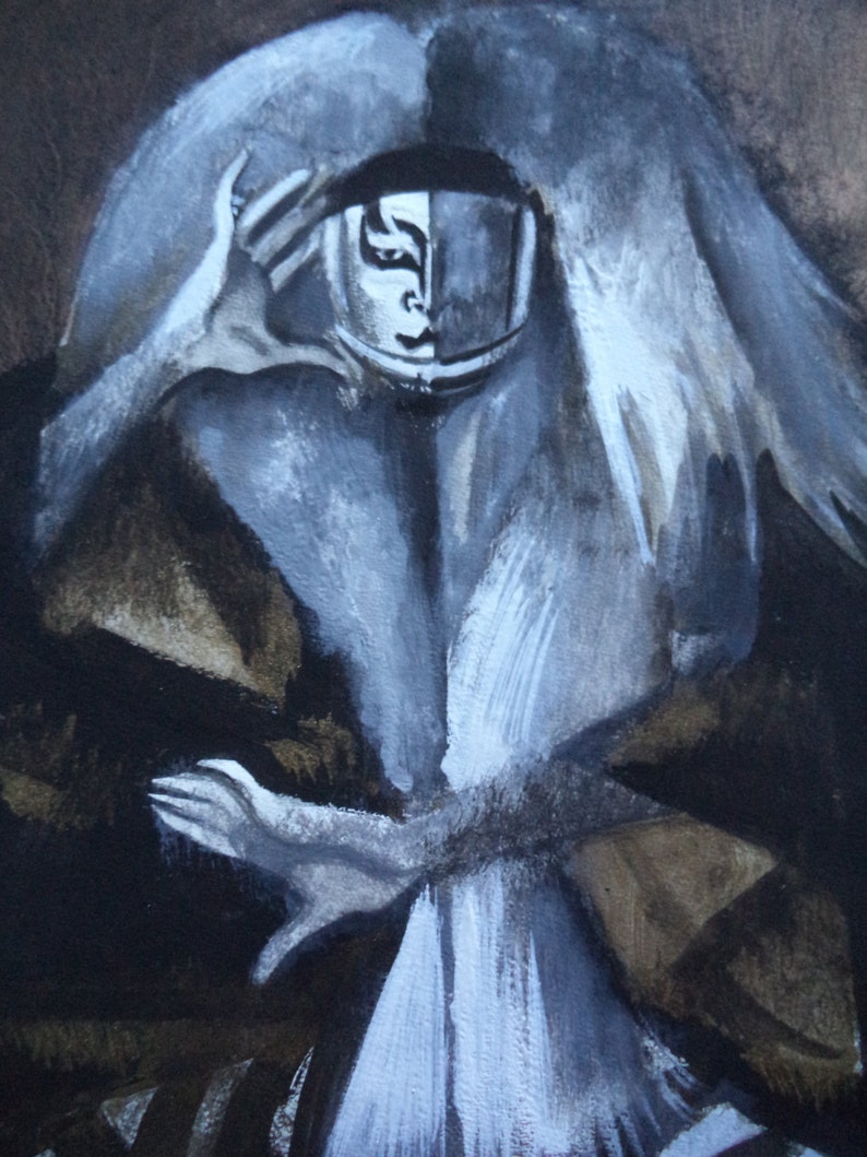 May include: A painting of a person with long white hair, wearing a white and brown coat. The person's face is partially obscured by their hand, and their eyes are closed.