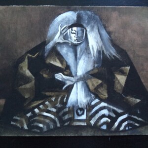 May include: A black and white watercolour painting of a person wearing a long, flowing robe with a geometric pattern. The person's face is obscured by a mask, and their hands are clasped in front of them.