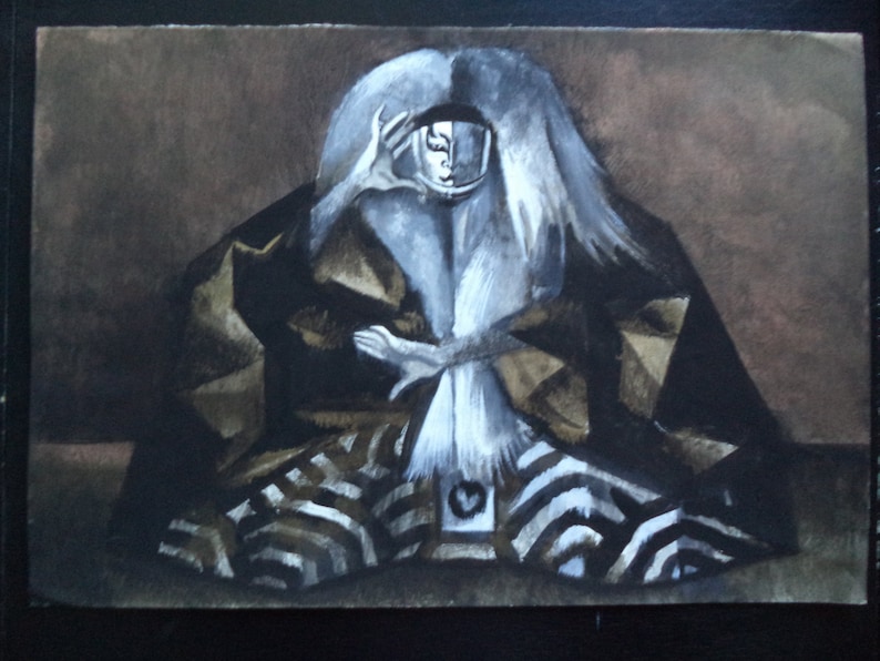 May include: A black and white watercolour painting of a person wearing a long, flowing robe with a geometric pattern. The person's face is obscured by a mask, and their hands are clasped in front of them.