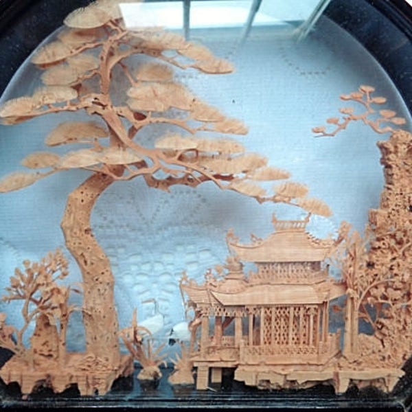 Asian Hand Carved Cork Diorama Lacquered Black Wood by San You 9" x 9" - Free Shipping