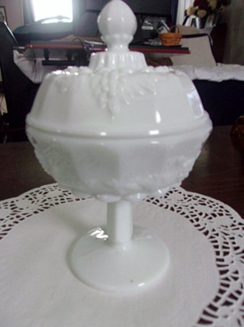 Westmoreland White Milk Glass Paneled Grape Cluster Candy Dish on Pedestal