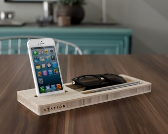 Classic Station | iSkelter | For your Phone, Keys, & Wallet - Desk Caddy Bamboo Organizer Desktop Phone Dock iPhone - Super Fast Shipping