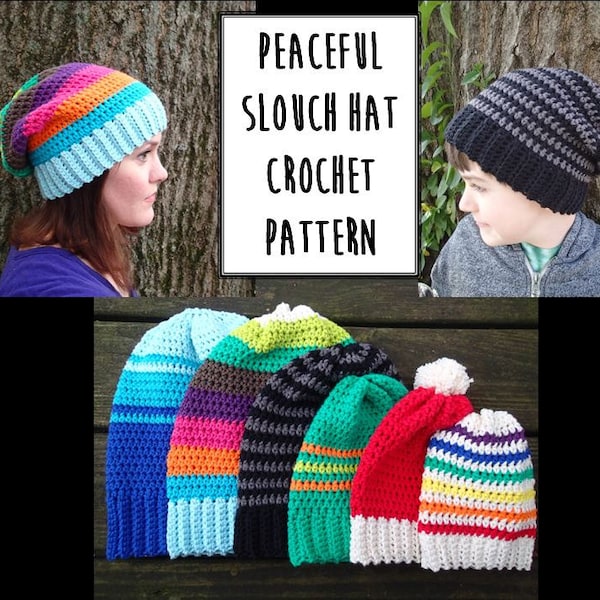 Peaceful Slouch Hat Crochet Pattern PDF, Nonprofit Shop, Newborn, Baby, Toddler, Child, Adult, and XL Adult Sizes