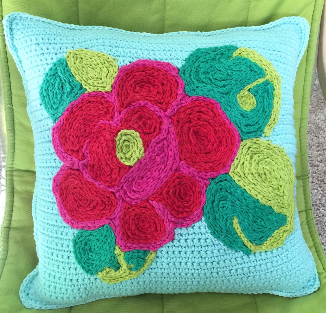 Bohemian Rose Pillow Crochet Pattern, Nonprofit Shop, Textured Cushion Cover, Chart and Written