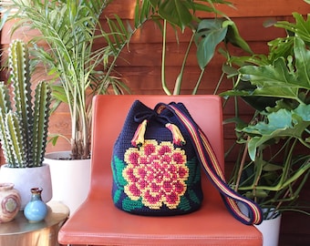 Marigold Bucket Bag crochet pattern, mochila photo tutorial, embroidered bag, cross stitch purse, non-profit shop Pretty Peaceful