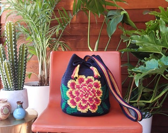 Marigold Bucket Bag crochet pattern, mochila photo tutorial, embroidered bag, cross stitch purse, non-profit shop Pretty Peaceful
