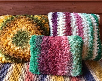 Hippie Dreams Pillow Trio, Shag Pillow Crochet Pattern, Faux Fur Cushion Cover, Non-Profit Shop, Beginner Crochet Pattern