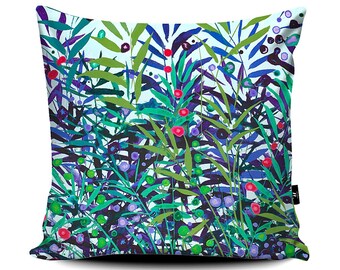Turquoise Grasses 45cm 18 inch Art Cushion Pillow Cover Vegan Blue Green Faux Suede Becca Clegg original acrylic painting Contemporary