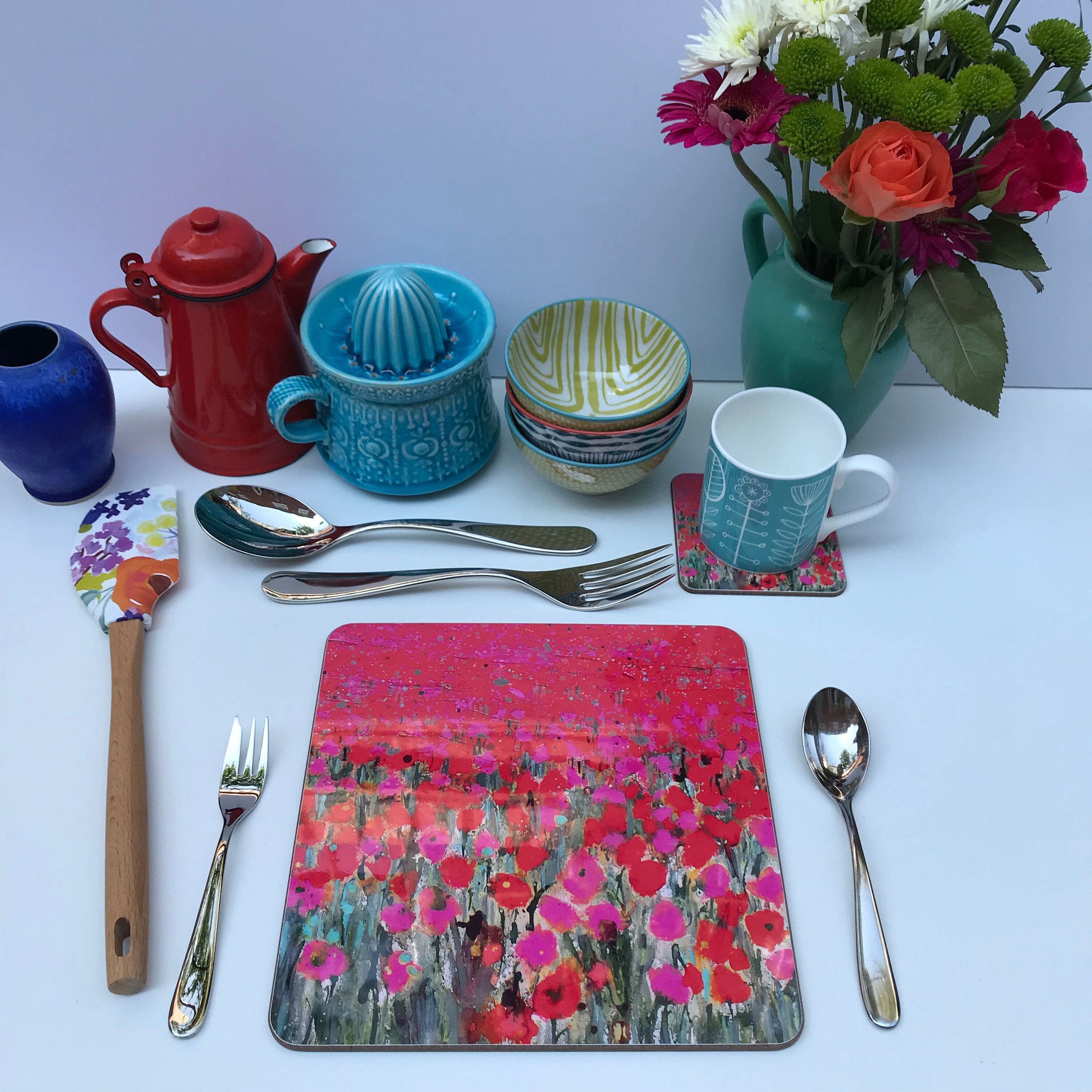 Square Pink Poppy Placemat Table Mat Tablemat Placesetting Etsy