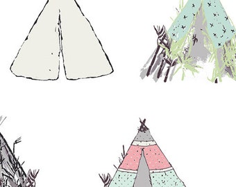 May include: A set of three hand-drawn illustrations of teepees. The teepees are in different styles and colors. One is white, one is green and white, and one is pink, green, and white.