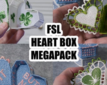 MEGAPACK, 3D fsl heart box embroidery file, Free Standing Lace, Machine Embroidery file, FSL digital download, DIY gift, Valentine's day